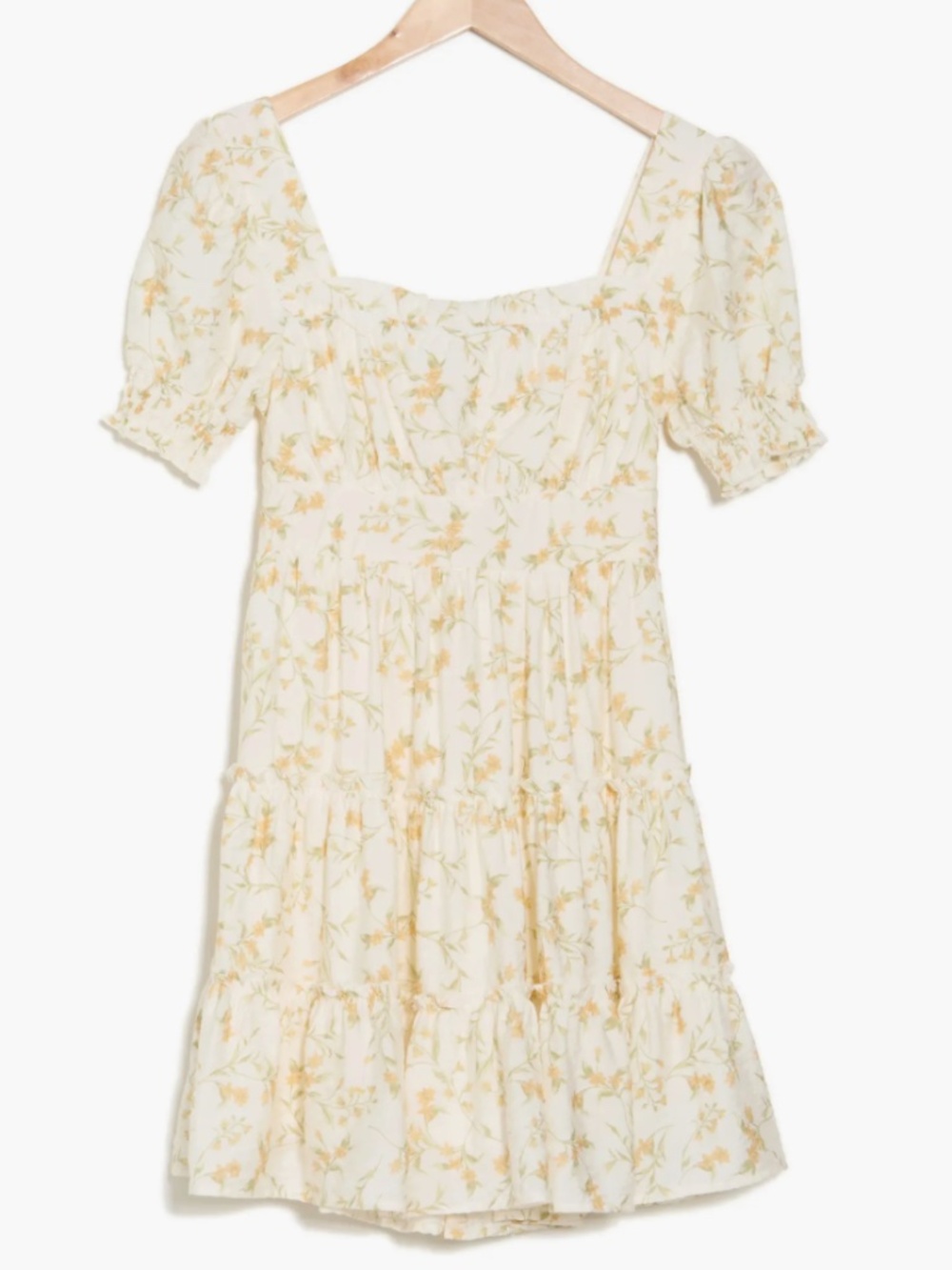 MINE Floral Puff Sleeve Tiered Mini Dress Cream Yellow Smocked Waist M NWT